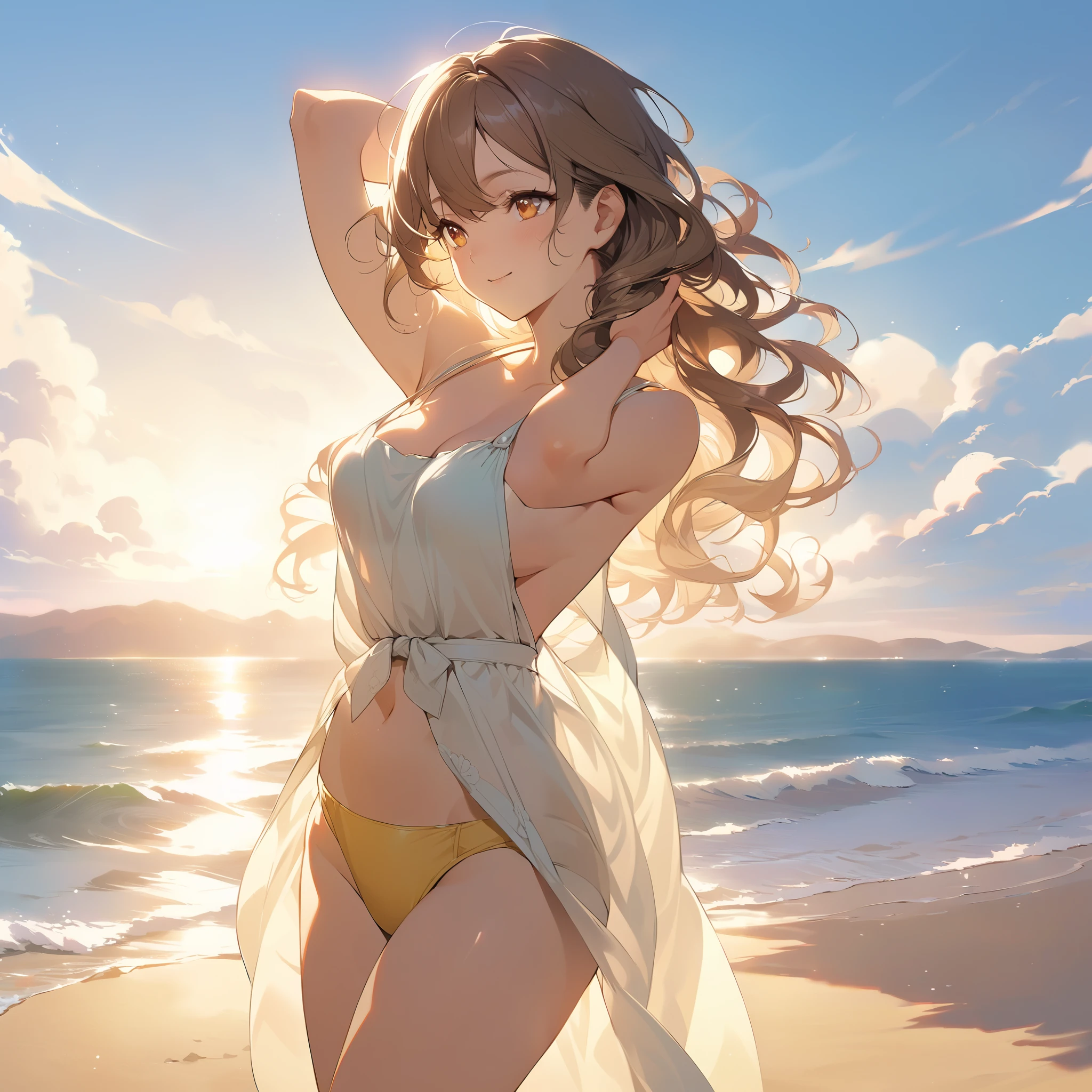 Yuikotegawa, yui kotegawa, Black Hair, (Brown eyes:1.5), Long Hair,Big Breasts,clavicle,smile, (Beach salon), Hair Ribbon, (美しいBig Breasts:1.3), ((salon)),Straw hat,Bikini Swimwear,barefoot,A long, thin piece of cloth wrapped around the waist,Belly button,abdomen, Dancer, gold belly Dancer,whole bodyがイラストに入るように,Strolling on the sandy beach,
break outdoors, Beach,
break looking at viewer, whole body,(Cowboy Shot:1. 5)
break (masterpiece:1.2), Highest quality, High resolution, unity 8k wallpaper,, (shape:0.8), (Beautiful attention to detail:1.6), Highly detailed face, Perfect lighting, Extremely detailed CG, (Perfect hands, Perfect Anatomy),