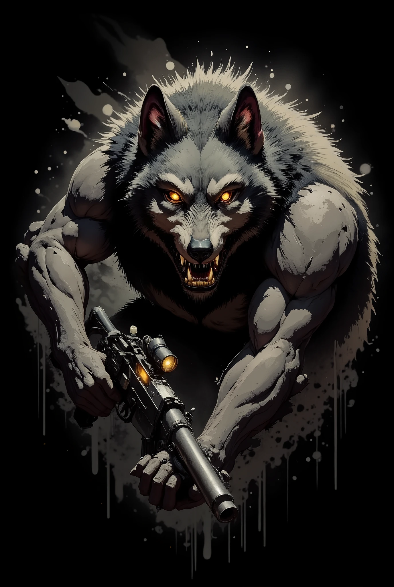 Powerful wolf werewolf, his huge figure takes up most of the space. His fur is dark,  with silvery highlights , and his eyes are burning with bright yellow light. He holds a huge old gun in one paw, aimed directly at the viewer, (aims at the viewer),  black background