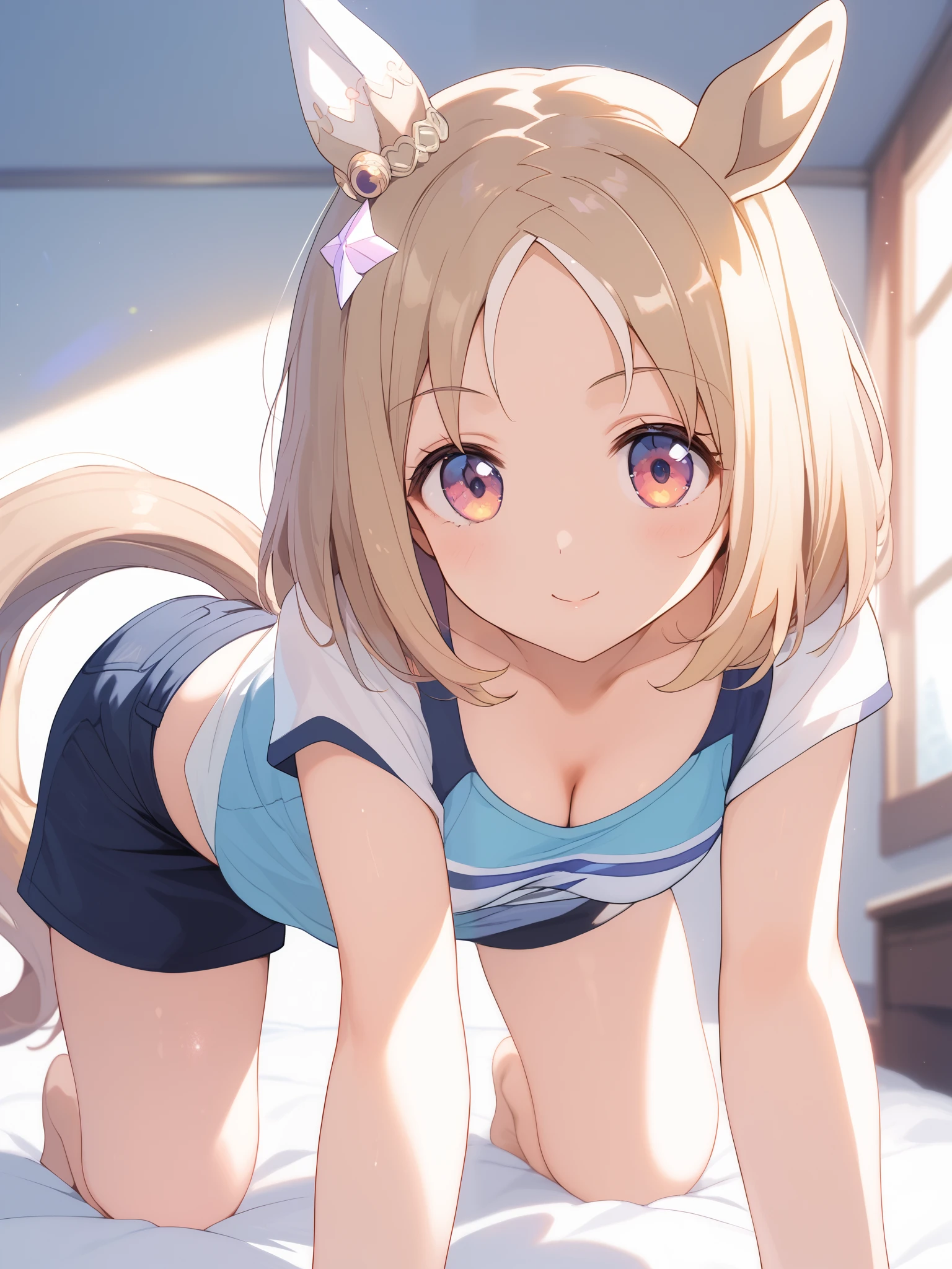 Narita, horse tail, short hair, animal ears, ear ornament, ear covers, single ear cover,1 bashful girl, alone, anime style,cute girl,Best Quality, super detailed, anime style,8k, high resolution, detailed face, Character's Upgraded Image,((smiles gently)),(on the bed),((standing on all fours)),(( chest as soon as it is visible)),((cleavage is visible)),(emphasizes cleavage),((cleavage is visible loose sleeveless shirt in black)),(light blue micro mini loungewear shorts),(Character up image seen from the front),((Close-up of upper body))Image viewed from the front,((character up image)),shiny, smooth skin,morning,Dazzling Sunlight,