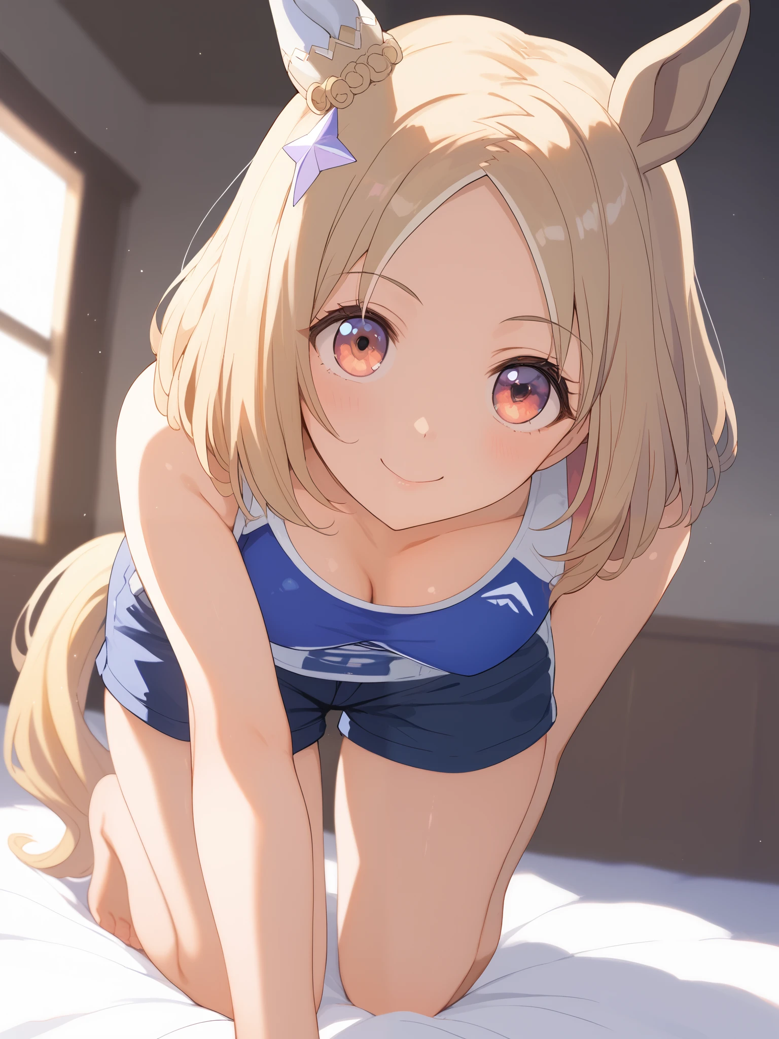 Narita, horse tail, short hair, animal ears, ear ornament, ear covers, single ear cover,1 bashful girl, alone, anime style,cute girl,Best Quality, super detailed, anime style,8k, high resolution, detailed face, Character's Upgraded Image,((smiles gently)),(on the bed),((standing on all fours)),(( chest as soon as it is visible)),((cleavage is visible)),(emphasizes cleavage),((cleavage is visible loose sleeveless shirt in black)),(light blue micro mini loungewear shorts),(Character up image seen from the front),((Close-up of upper body))Image viewed from the front,((character up image)),shiny, smooth skin,morning,Dazzling Sunlight,