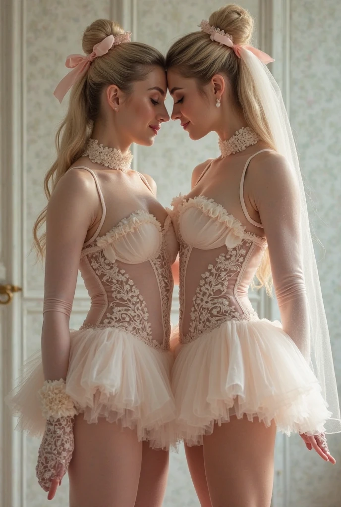 Create a detailed and intimate scene featuring two women in a softly lit room. The first woman, on the left, has brunette hair styled in a high bun with a white bridal veil. She is wearing a white corset with matching long gloves, emphasizing her slender figure and accentuating her curves. The second woman, on the right, has platinum blonde hair tied in a high ponytail. She is dressed in a shiny, pale pink corset. The women are standing close to each other, with the brunette gently holding the blonde's breasts, creating a sense of intimacy and connection. The lighting in the room is warm, with sunlight filtering through a window in the background, casting soft shadows and highlighting their flawless skin. The overall atmosphere is one of tenderness and allure, with a focus on the delicate textures of their clothing and the soft, inviting ambiance of the setting.
Art Styles: Hyperrealism, Pin-up
Categories: Intimate, Lingerie, Female Portrait
Additional Details for AI Image Generation
Facial Expressions: Both women should have calm and serene expressions, with a subtle hint of affection and tenderness in their eyes.
Background: A softly lit bedroom with neutral colors, minimal furniture, and a large window allowing natural light to illuminate the scene.
Textures and Details: Emphasize the intricate details of the lingerie, the soft texture of the gloves, and the natural beauty of their skin.
Lighting: Soft, natural lighting that enhances the warmth and intimacy of the scene, with gentle highlights and shadows to create depth and dimension.