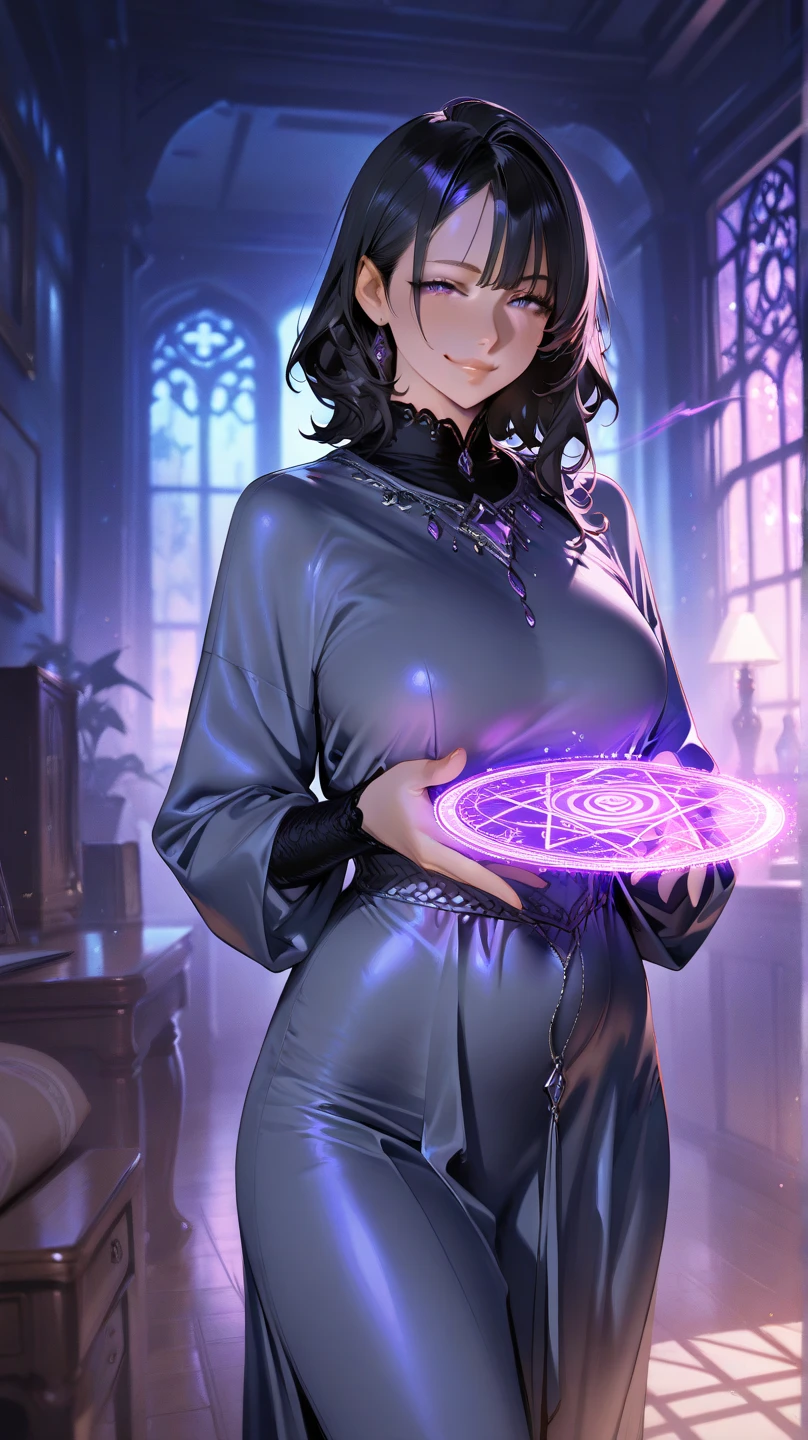 8k, masterpiece, best quality, highly detailed, 1 girl, tiefling, warlock, pixie cut, multicolored hair, very short straight hair red highlight hair on white hair, strippled hair, wearing glasses, round glasses, earrings, navel piercing, red eyeshadow, long eyelashes, blushed cheek, red lips, pearl necklace, rings, collarbone, mole on face, glamorous, teal and purple clothes, miniskirt, smirk, close up view, rings, looking at viewer, demon horns, solo, blue pale moon, standing, royal dress, devil books.