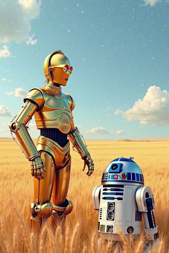 A 1980s style photo of c-3po sitting on a porch on tatooine drinking a beer. R2-D2 is nearby hanging out with him.