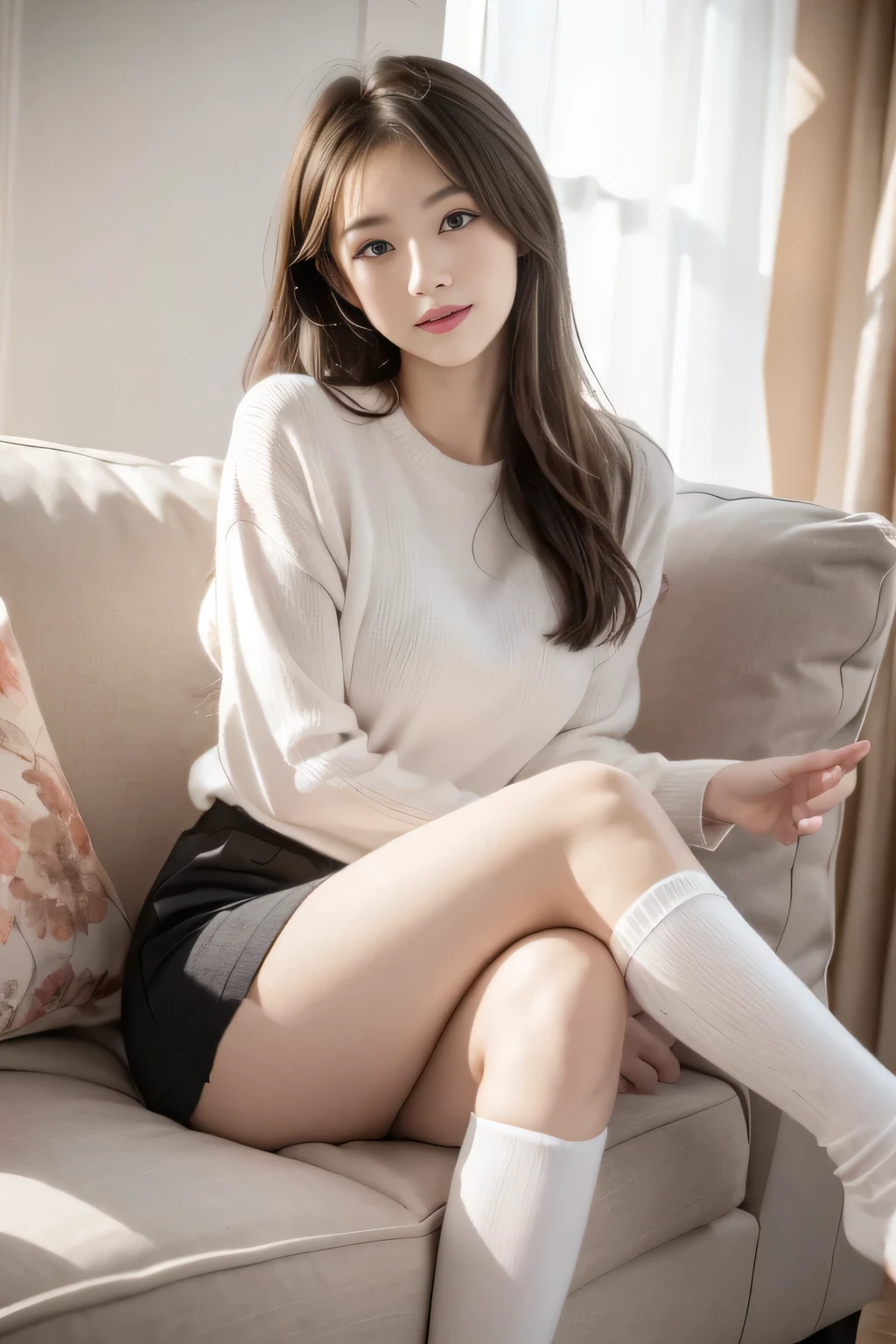 ulzzang -6500-v1.1, (Raw photo:1.2), (Photorealsitic), a beautiful detailed girl, (Real: 1.4), ((hugging owns legs)), extremely detailed eye and face, beatiful detailed eyes, ((Neat and clean dress、sitting on a sofa))、((Ultra-realistic stockings:1.2)), from the side, Skirt and thighs、huge filesize, hight resolution, ighly detailed, top-quality, [​masterpiece:1.6], illustratio, ighly detailed, nffsw, finely detail, top-quality, 8k wallpaper, Cinematographic lighting, 1girl in, 17 age, perfect body type, cute droopy eyes beautiful big eyes、Pieckfinger, ((masutepiece)), Best Quality, 1girl in, eye shadow, Upper body, Portrait, ((FULL BODYSHOT:1.4))、(Very affectionate smile:1.2)、realistic skin textures、shinny skin、Exposed thighs!!!