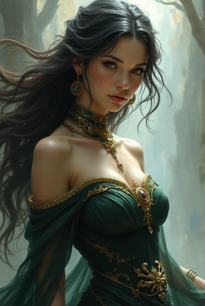 ((masterpiece)), (best quality), (cinematic), art nouveau style, Goddess of Russian , large breasts, big eyes, long thick eyelashes, cleavage, full lips, dark, long thick hair, high ponytail, accessories, flower_background, featuring intricate designs and patterns in the style of Alphonse Mucha.(((oil painting in style of Greg Rutkowski)))