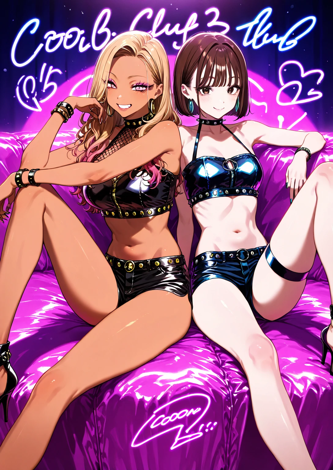 masterpiece, Highest quality, One Girl, alone, (Upper Body), Blunt bangs, Compensate, smile, Cleavage, Prostitute costume, blush, Black Hair,Rubber,Dark Skin,An attractive purchase,Dark Murakami eyeshadow,Dark blush,Naughty blowjob gestures,Pursuit of performance,Fat Lips, lipstick, Curved body, Black gal,Latex bikini tops, Jacket, Purple glitter latex pants, Short shorts, tattoo, belly button, (nightclub), club, Shiny floor, colorful, Ray Tracing