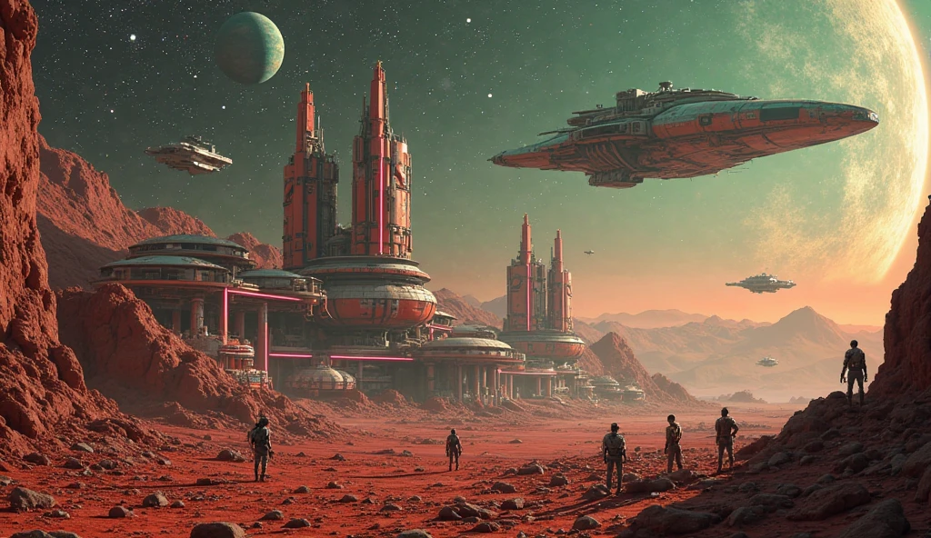 A futuristic city on Mars, featuring domed habitats and a network of interconnected greenhouses, under a glowing red sky