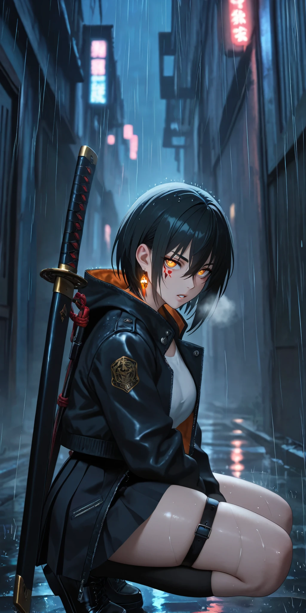 anime coloring, anime screencap, anime-style detailed background, vignetting, masterpiece, high quality, absurdres, best quality, very aesthetic, newest, dynamic composition, anatomical correct, HD, 4K, digital art, trending on ArtStation, ((anatomical correct)), perfect body, perfect eyes, perfect fingers, gasping, heavy breathing, gasping profusely, cinematic, ((skindentation)), ((curvy)), source_anime, Jormungand, black hair, short hair, yellow eyes, orange eyes, mole under eye, hair between eye, facial mark, left thigh facial mark, green facial mark, bright pupils, plump, 1girl, weapon, sword, solo, skirt, rain, jacket, looking_at_viewer, squatting, pleated_skirt, outdoors, black_jacket, katana, glowing, open_jacket, open_clothes, earrings, blurry, jewelry, white_shirt, thigh_strap, shirt, socks, black_footwear, sheath, blurry_background, alley, parted_lips, long_sleeves, night, black_skirt, shoes, sheathed, miniskirt