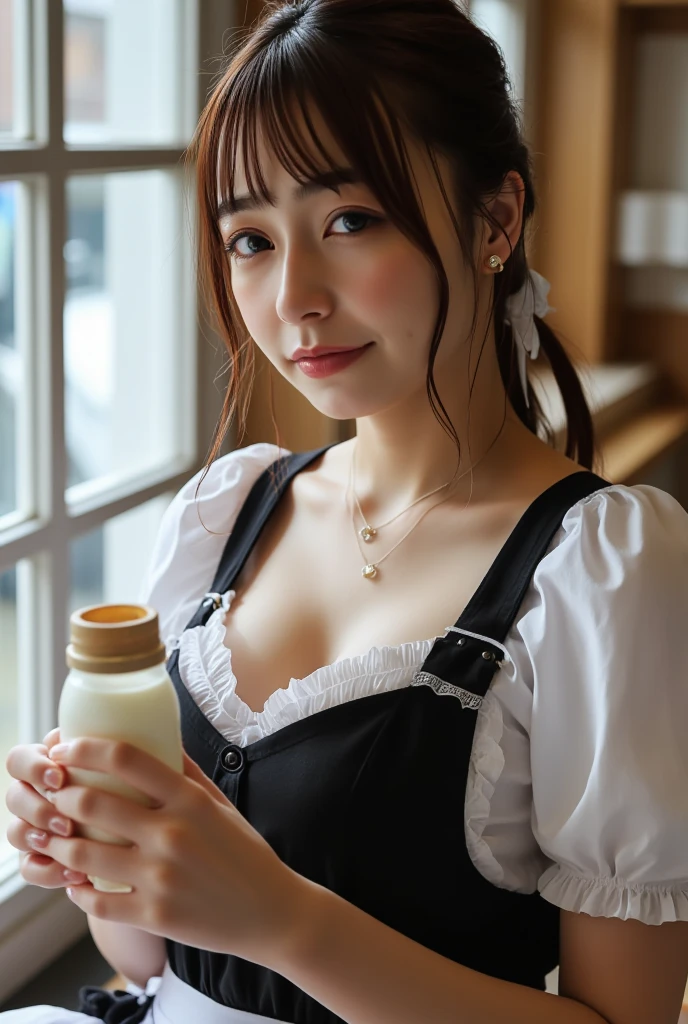 upper body closeup, Hands-Free_Bubble_Tea_Challenge, Bubble Tea between big  breasts, a straw, (masterpiece, best quality:1.2), 1girl, gothic lolita dress,in bathroom