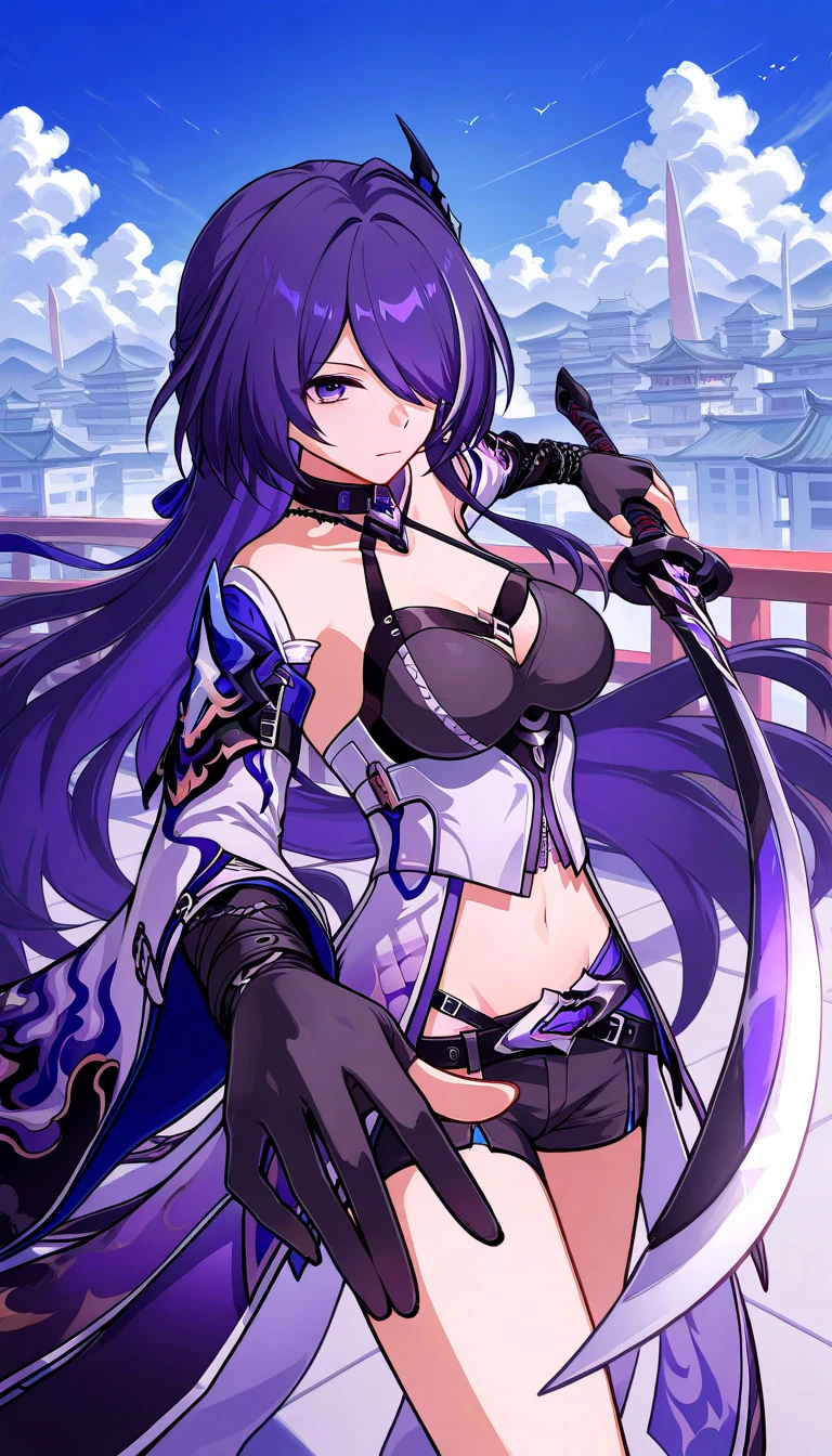 Master piece, High Quality, 1Girl, Raiden Shogun, Body Suit purple, Hero Pose, Hands behind back