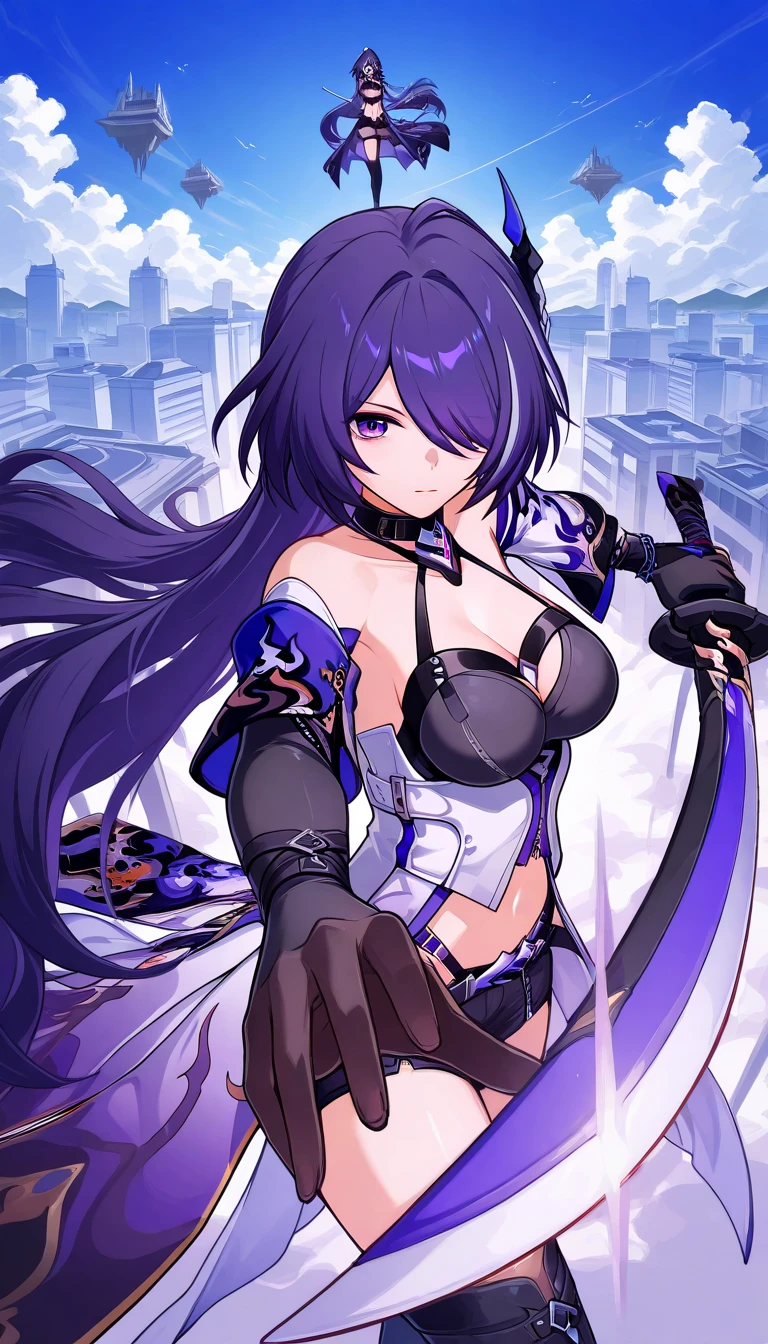 masterpiece, best quality, absurdres, highres, (official art, beautiful and aesthetic:1.2), ultra detail, beautiful person, mature female, 1girl,
narrow waist, wide hips, large breasts,
cleavage, pelvic curtain, white thong, upskirt, pantyshot,
seele hsr, purple_hair, long_hair, breasts, bangs, gloves, cleavage, hair_between_eyes, purple_eyes, boots, black_gloves, fingerless_gloves, black_footwear, science fiction, <lora:jean_divineElegance:0.6> <lora:seele_hsr:0.4>