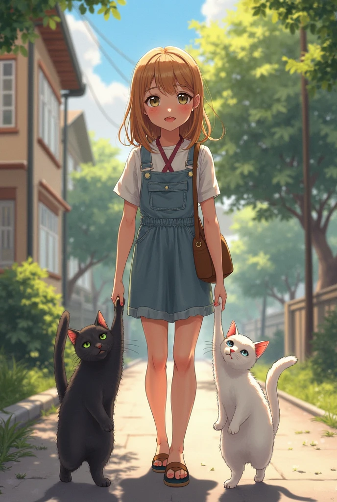 There’s a nice girl with two cats. One cat is black and ash color with green eyes and other one is white cat with blue eyes. The girl is going out. She is on the road. Kittens are waving hands to her staying at home