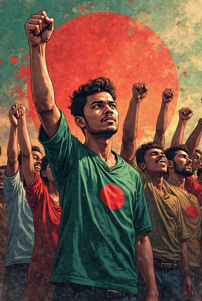 many typical bengali tortured bloody shiny teenagers flying in the black sky holding upper part of bangladeshi flag in their hand