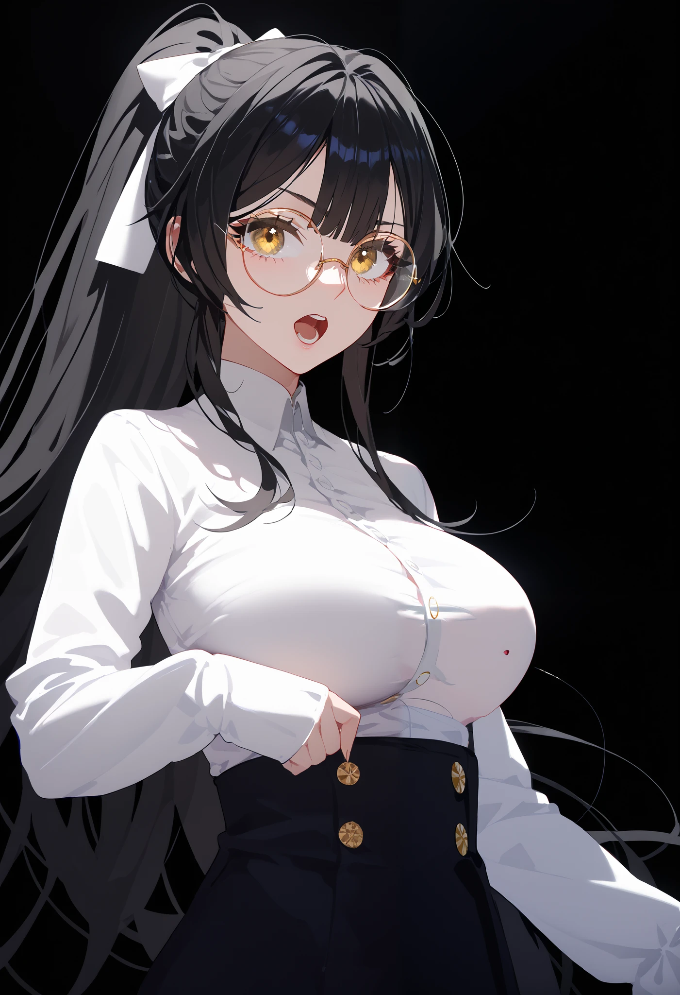 girl,black hair,ponytail,girlบาร์, , gold-bronze eyes,long hair ,ปลายblack hair,ใน gold-bronze eyes,thin,girl,, put on round glasses,White Shirt,,long sleeves,Fierce face,big breasts,Open your mouth,black background, focus page,