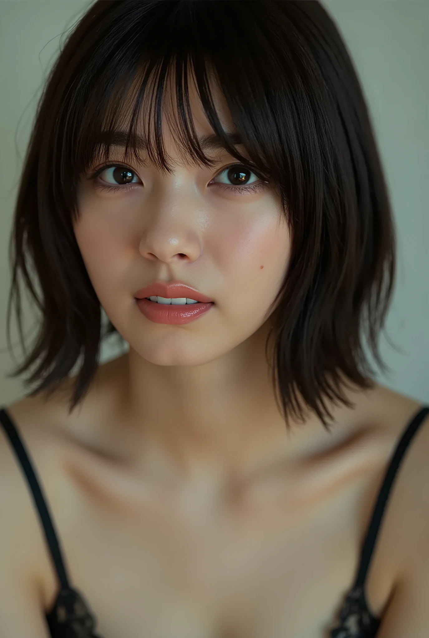 (( Best Quality )), ((masterpiece)), ( details), first-person view ,1 girl, Transistor Glamour, sexy,( Bring Your Face Closer ),((mouth wide open )),((Big Breasts, underwear, Short Bob Hair)), black hair , (( without makeup, small eyes))