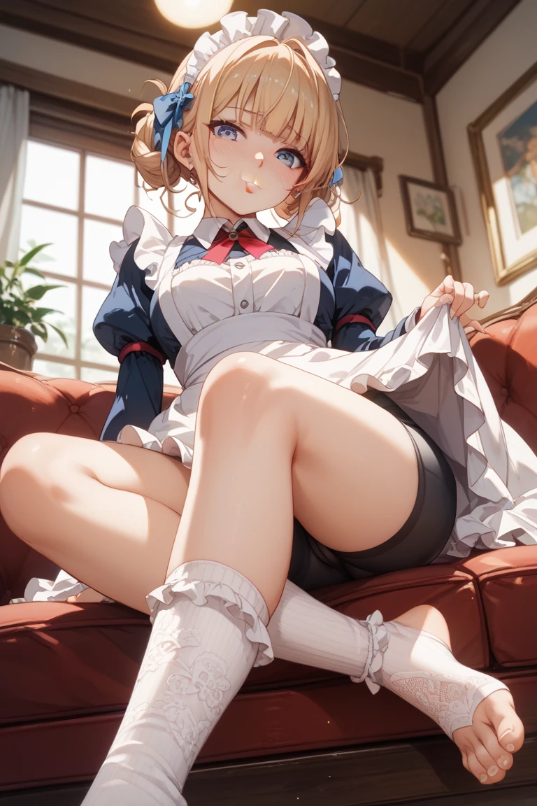 Golden hair、medium hair、brown eyes、Plain gray background、Maid clothes、beautiful girl、Rin々new expression、sitting on a blanket、nsfw、