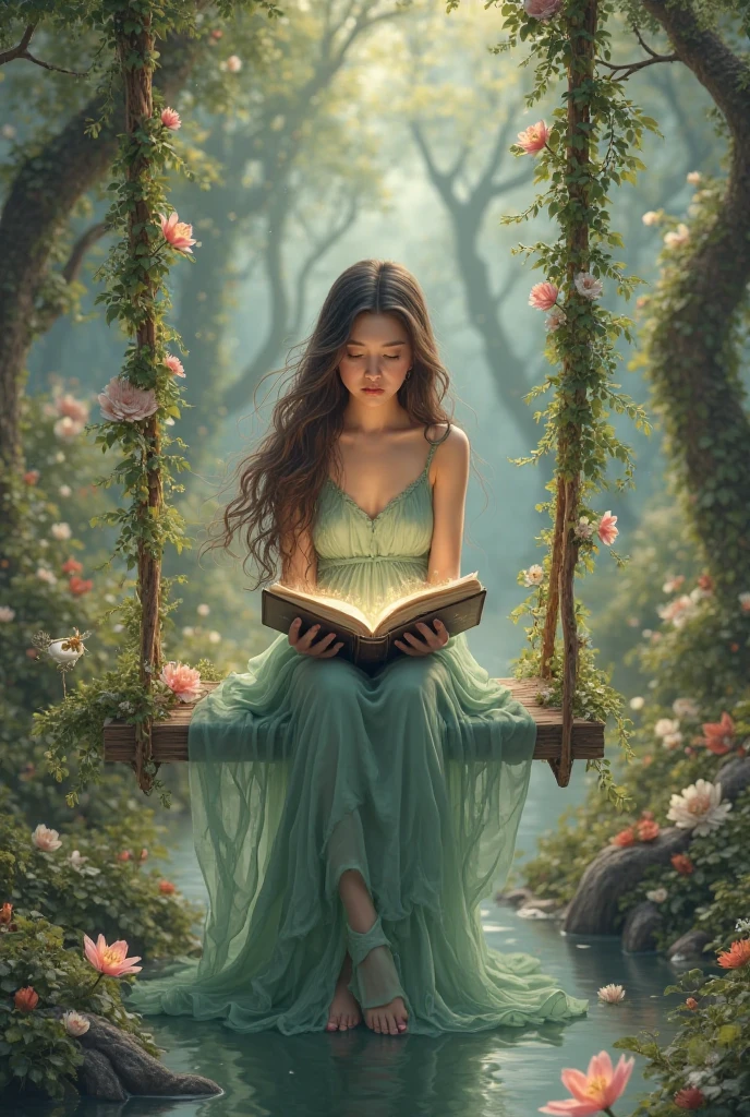 Young woman with long dark brown hair and a water green dress reading a ...