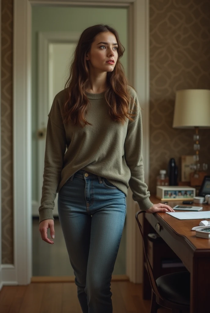 photorealistic illustration, magnificent, epic, majestic, dreamy, green hair, freckled skin, long braided hair, illustration involving two women, one  (shrunken:1.6, miniature:1.6) woman,35-year-old mature, fit, oversized blue baggy sweater, loose baggy pants, in school library, (woman standing on library desk),  pencil, woman next to notebook on desk, water bottle, wood floors, windows, wood chair, library shelves in background, lamp, stack of books on desk, (slight frown), and one tall [curvy]  woman wearing sweater and jeans standing on floor,  <lora:shrunk_v1_xl_64:0.2>
