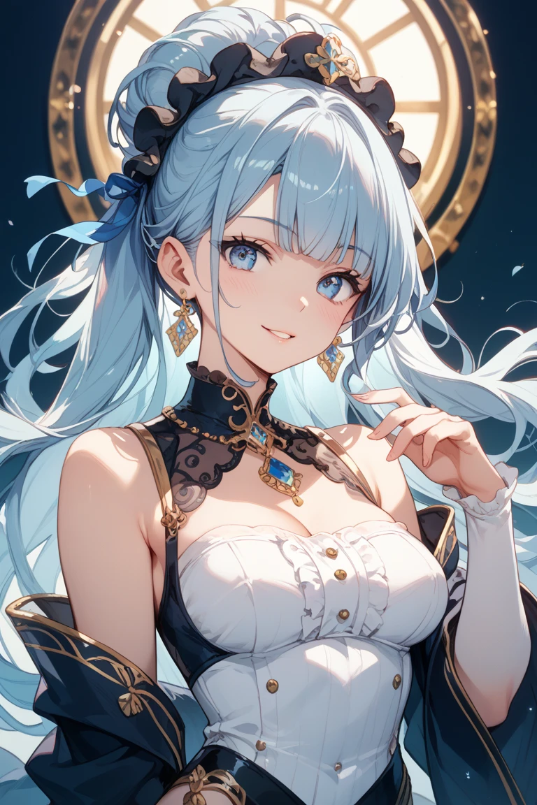 (Overhead Views),Dynamic Angle,Ultra Detail, Illustration, Close Up, Straight, One Girl, (Fantasy:1.4), (Azure Eyes:1.233),Her Eyes Glowed Like Dreamy Stars,(Glowing Eyes:1.233),(Beautiful and Delicate Eyes:1.1),(Silver Hair:1.14),(Unkempt Hair,Very Long Hair,Braids,Between Eyes,Side Locks), (+ (Bull Hair Flower: 1.14)),(Chiffon Dress,Blue Floral Pattern on Uniform)/=(Military Uniform: 1.24),(Sleeveless,Wide Sleeve),(Fingerless Gloves),Choker,(Priestess Niso),High Heels,(Expressionless,Mouth Closed),(Stingling),(Classic Princess Boudoir with Dressing Table and French Window in White Ancient Palace),(White Flower,Flower),(Deep Sea),(Flowing Water),(Dull Blue World Tree:1.14), (Ruins),(Night:1.2 ),Dreamy,Soul,(Fluorescence),(Translucent Blue Butterfly Fly:1.15),[[Delicate Fingers and Hands:0.55]::0.85],(Fine Fingers),(Yubao:0.5),