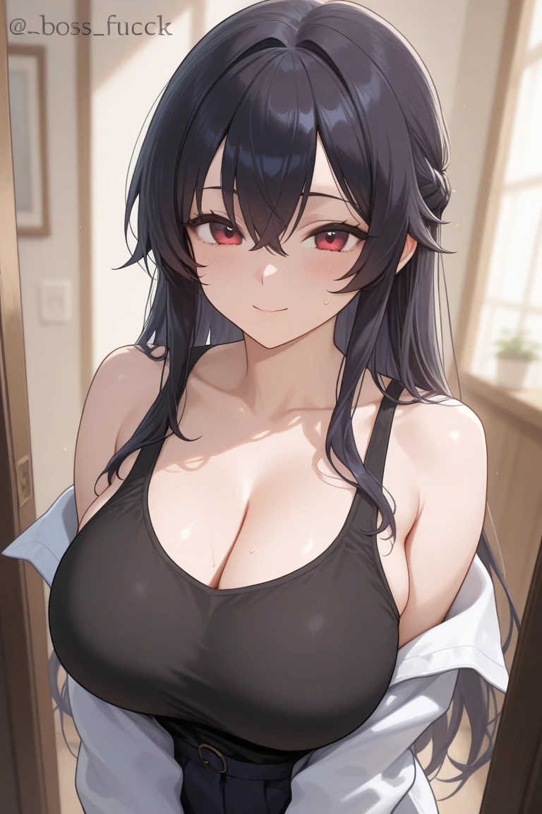 door, doorway, indoors, leaning forward, opening door, mature female、waving hand, big breasts, Upper Body, (pale skin:1.2), shiny skin, shiny hair、(A woman in her 40s) and (bob cut) and (wavy hair) and (hair between eyes) and (black hair) and (red eyes), (white) and (off shoulder blouse) 、smile, Alone、Are standing