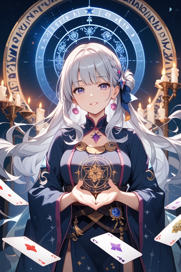 top quality, masterpiece, hi-res, 1 woman, 35 years old, Japanese, western style fortune teller outfit, hair ornament, necklace, jewelry, beautiful face, calm smile, upon_body, Tyndall effect, photorealistic, divination room, candles on table, tarot cards, rim lighting, two tone Lighting, (High Definition Skin:1.2), 8k uhd, DSLR, soft lighting, high quality, volumetric lighting, candid, photography, high resolution, 4k, 8k, bokeh