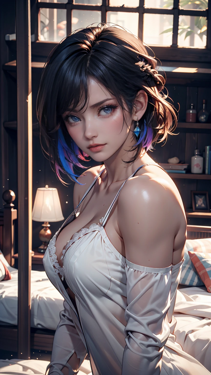 one sexy girl, supermodel, pale skin, short hair, bangs, prefect face, makeup, white panties, small breasts,perfect face, long and slender body, long legs, cleavage, open coat, T-shirt, looking at viewer, winter day, snow, soft lighting, film grain, from above, upper body, (colorful), (detailed) dramatic angle, unique perspective, unique angle, wide angle, cinematic lighting, volumetric lighting, chest out, shoulders back, butt lifted, sun rays, morning light, shadow, rim light
