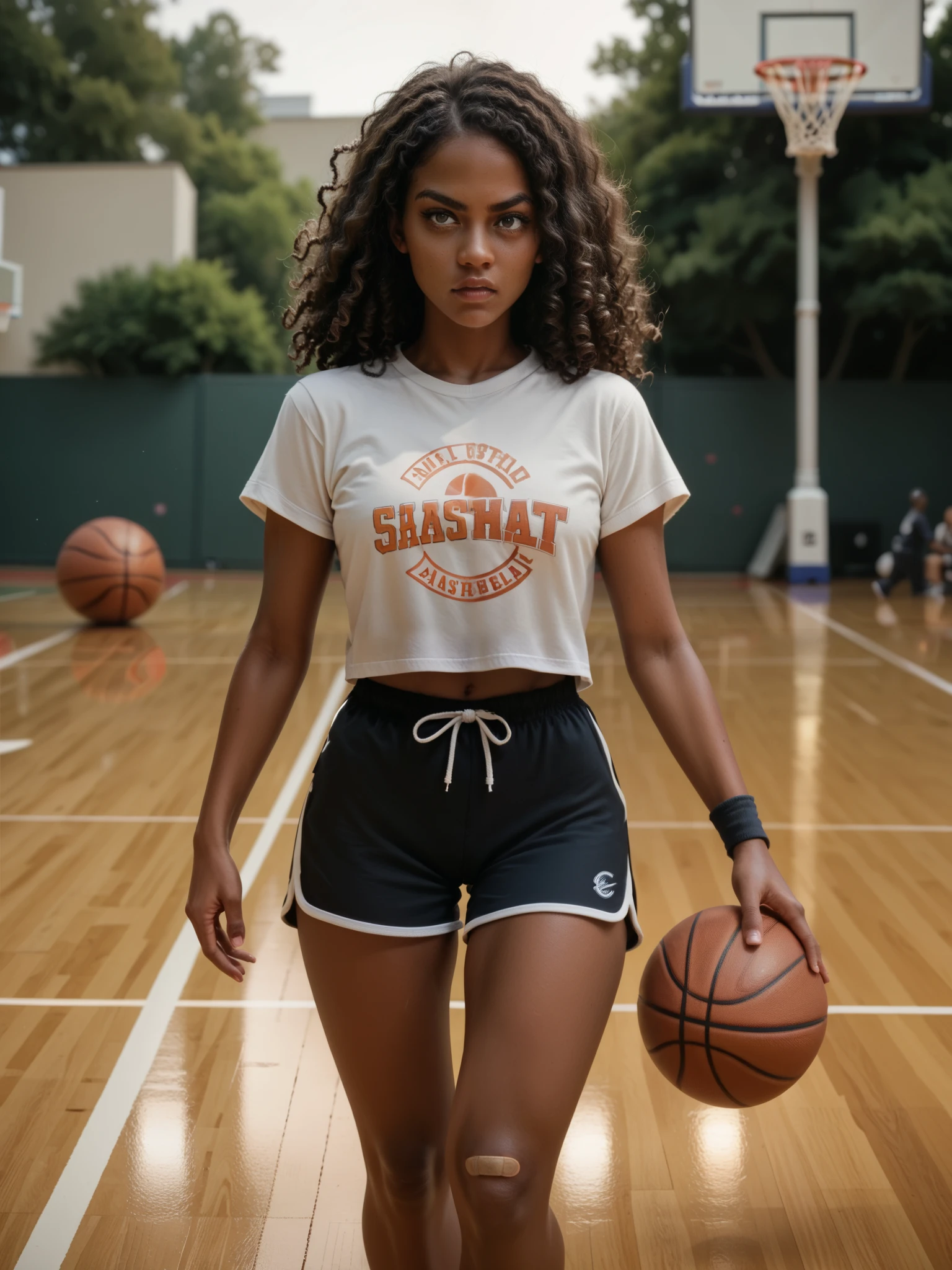 black girl walking, outdoor asphalt basketball court, dark skin, wild curly hair. cute basketball shorts and cartoon t-shirt. she looks determined. band-aid on her knees and cheek.