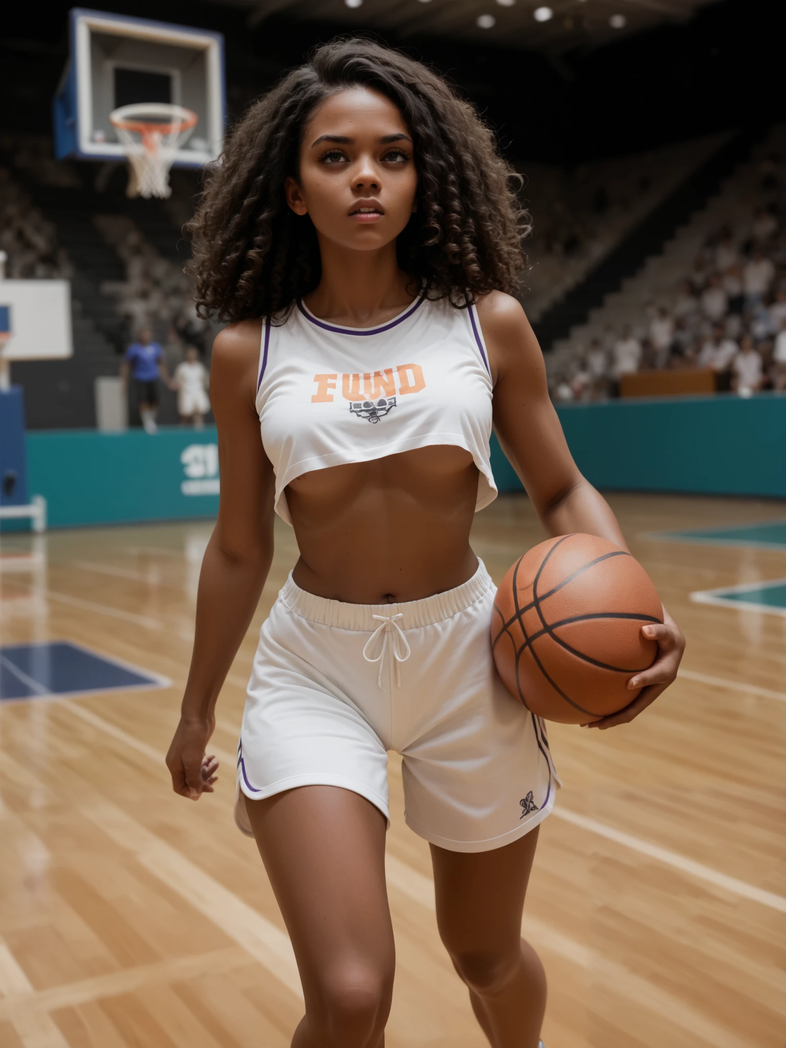 A black woman with dark skin and wild curly hair running on a worn, outdoor asphalt basketball court. She wears cute basketball shorts and bright-colored cartoon half-shirt with no text. She looks determined. She has band-aids on her knees and cheek. The court has faded white lines and a textured surface, with a chain link fence surrounding it. Urban background. {{No fucking basketballs are present}}. She does not have a basketball. there are no fucking basketballs