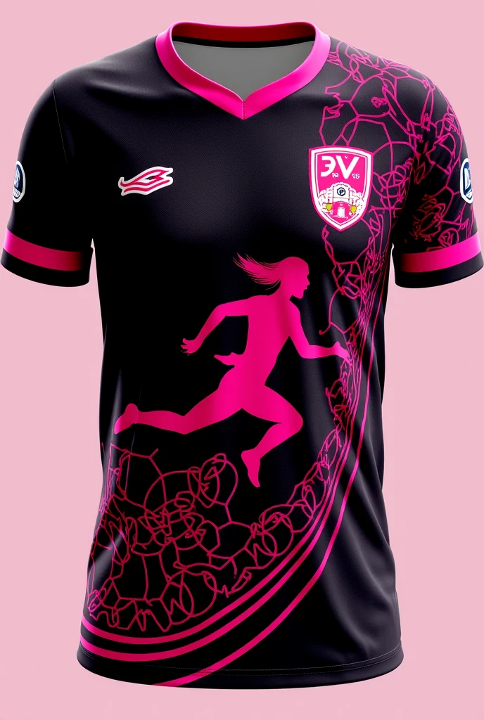 Make two volleyball pattern blouses in the same image, one being the front and the other the back, the name "Addicts volley club" and beautiful details that have reference to volleyball, in black and pink (predominantly black) as costas com the name "Joy" and number "7", if it's a pretty blouse