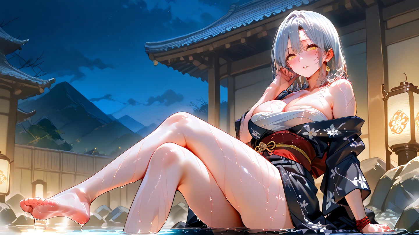 1girl, white hair, blue eyes, portrait, realistic, detailed face, upskirt, (onsen), side lighting, wallpaper, camel toe, nsfw