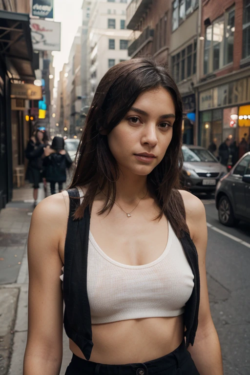 ((best quality)), ((masterpiece)), (detailed), perfect face realistic photo of beautiful woman with long dark brown hair, Russian, influencer, light freckles, dark brown eyes, big lips, no makeup, instagram, standing in a white and black dress, by Adam Saks, tumblr, elegant evening gowns!, sleeveless turtleneck, draped in flowing fabric, inspo, trending photo, high détail, off - white style, black outfit, very detailed »
