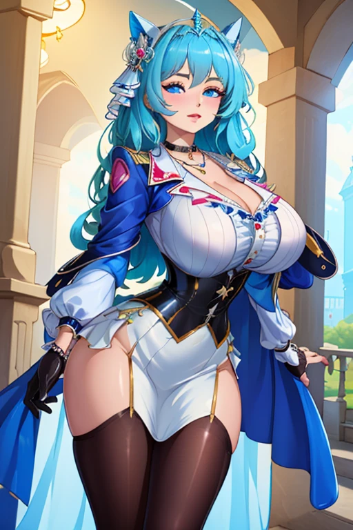 Lian, light blue hair, long elf ears, hair stick, bangs, blue eyes, solo, smiling, standing, upper body, hips, bare shoulders,purple thighhighs, white dress, gold jewelry,armor,gloves,circlet, cleavage, red and gold royal castle, gigantic breasts, (best quality, masterpiece, beautiful and aesthetic:1.2, highest detailed face, perfect face,) eyes, perfect face,expressive eyes,
looking at viewer, in the center of the image,(Upper_body),(Focus on her face),
official art,extremely detailed CG unity 8k wallpaper, perfect lighting,Colorful, Bright_Front_face_Lighting,shiny skin,
(masterpiece:1.0),(best_quality:1.0), ultra high res,4K,ultra-detailed
