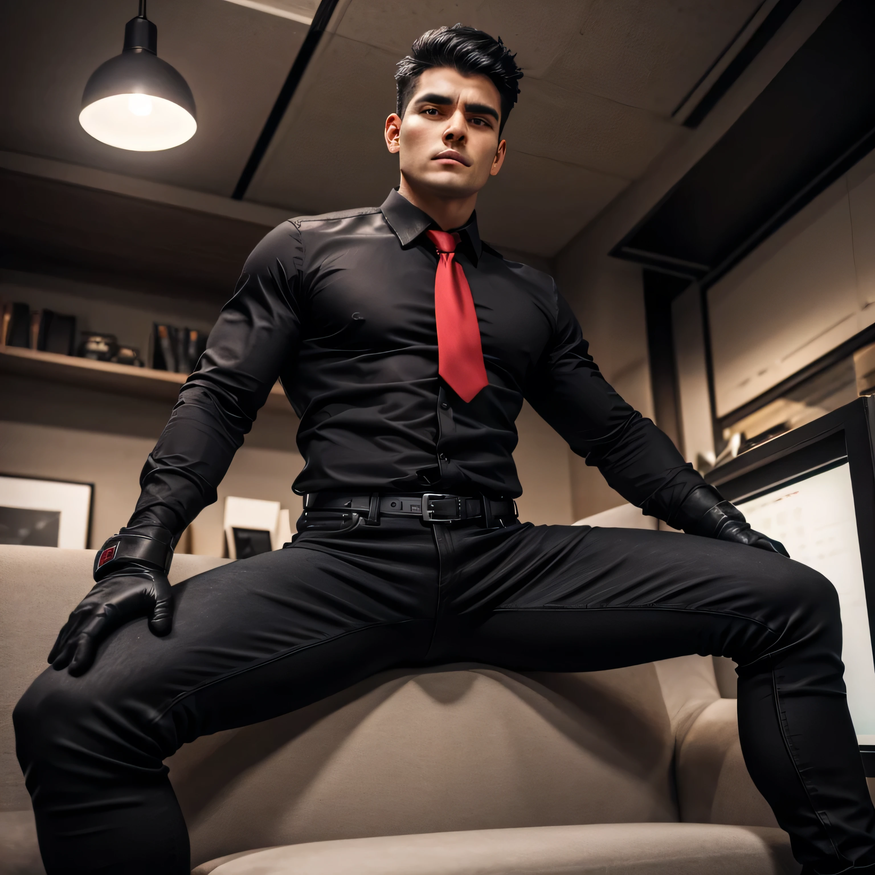 60 years old, One Man, Muscular、 black shirt、red tie、black slim jeans 、 black gloves 、 black boots、Combatant、office on the sofa。 black hair、Short Hair、short hair natural perm Iraqi Faces seen from below upper body up 、 black shirt、red tie、black slim jeans up your upper body stubble black slim pants black gloves