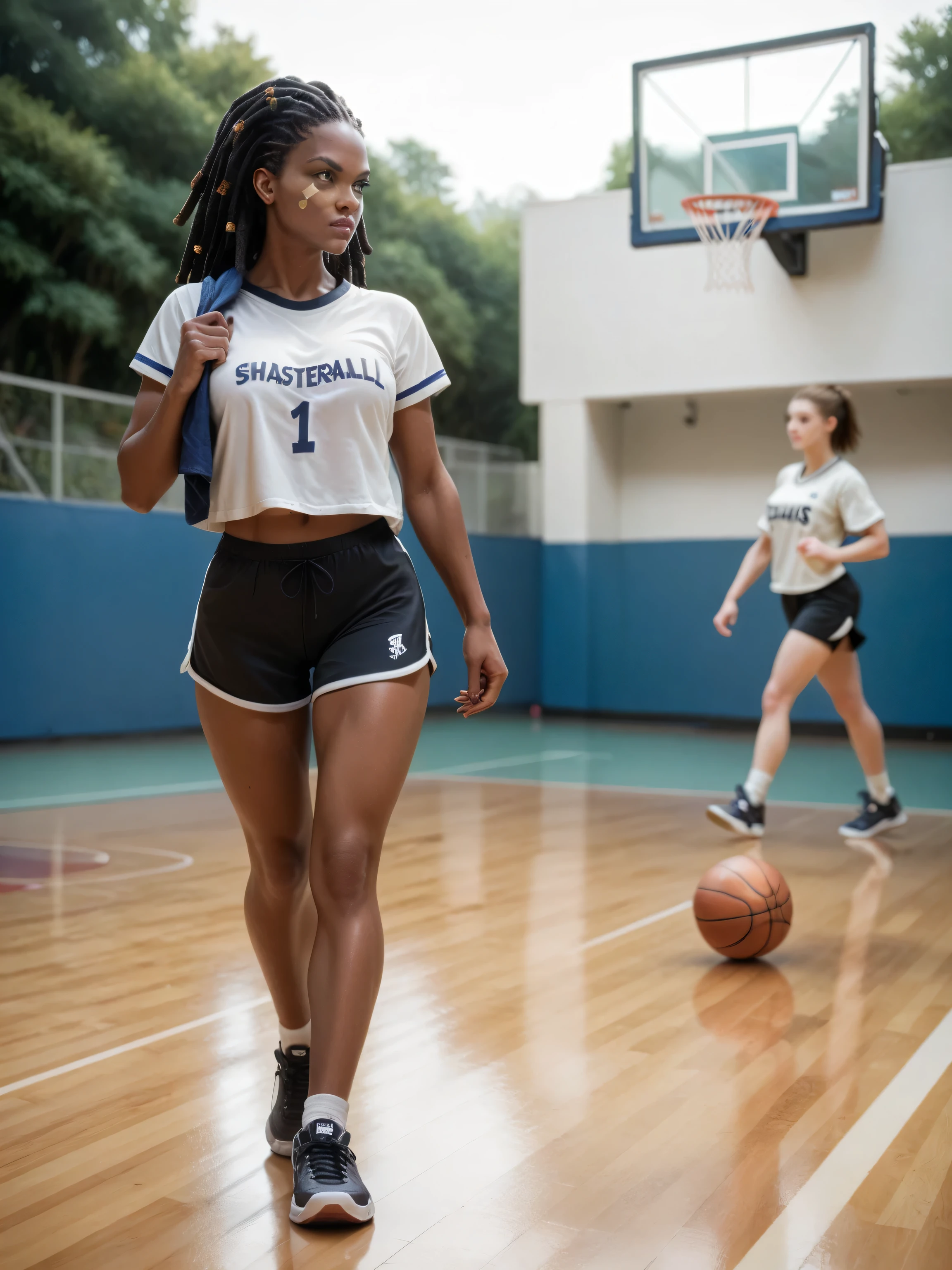 black girl walking, outdoor basketball court, dark skin, short beaded dreadlocks. cute basketball shorts and t-shirt. she looks determined. band-aid on her knees and cheek.
