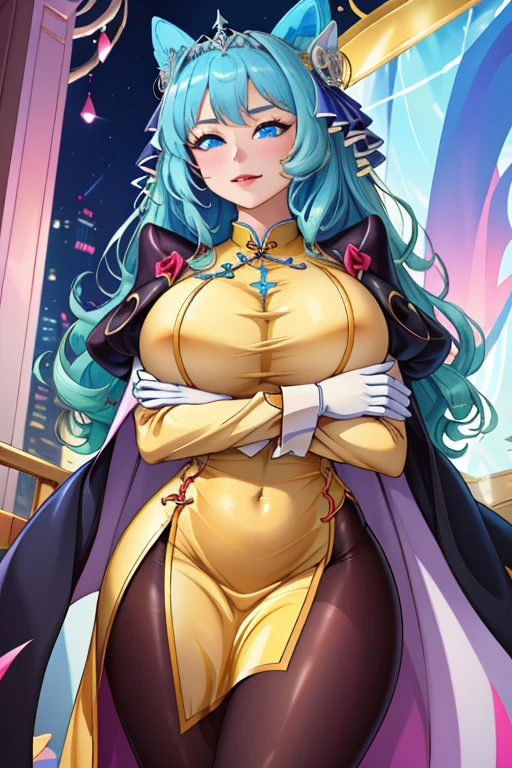 Blue haired Giantess, with curly hair, she is wearing a greco roman goddess dress color gold, big ,knight,giantess art,laima,intense size different,slu smile, large bosom,milf,monster girl,masterpiece,best quality,snake lady,white scales,red eyes,albino,GtsPlanet,GtsSpace,outerspace background,stars,snake tail lower half,Medusa 