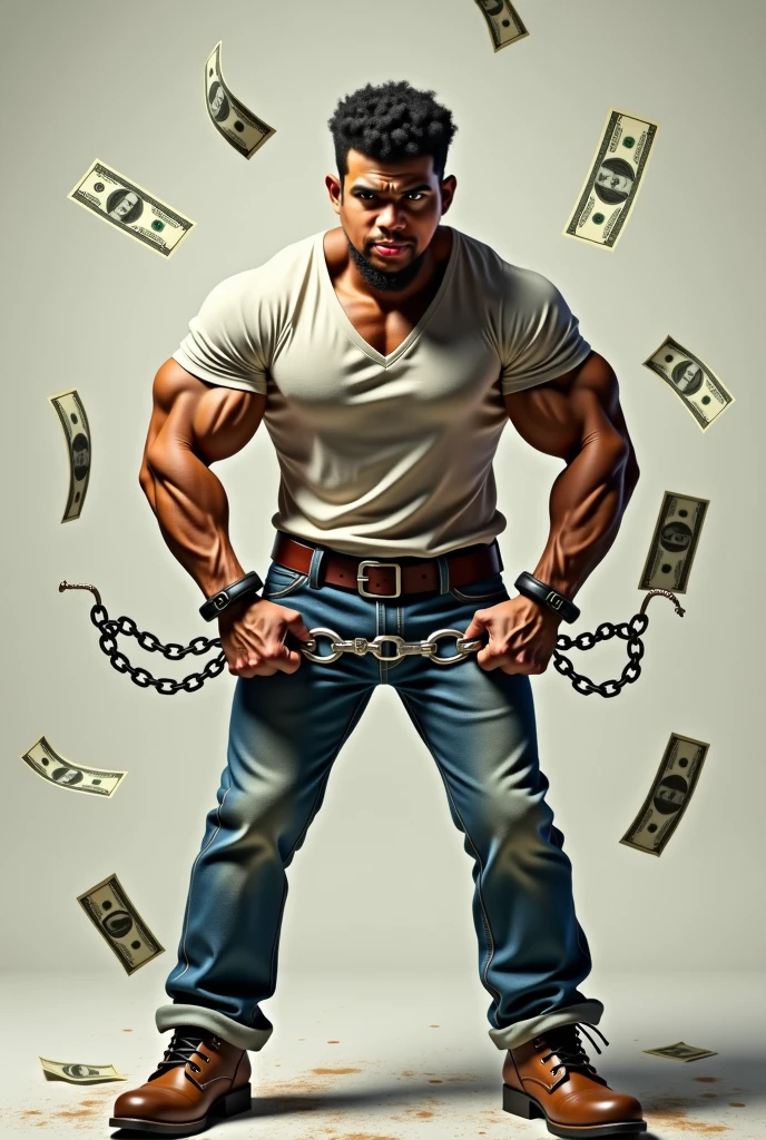 un homme libre, lié a une chaine qui explose pour l'argent, De vraies photographies, Éclairage dramatique, expression intense, des yeux déterminés, tenir les poings, Chaîne brisée, quelques billets d’un dollar qui s’effondrent, réalisme. (Meilleure qualité, Une haute résolution, ultra-détaillé), professionnel, Couleurs vives.