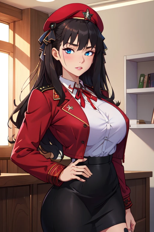 (masterpiece),best quality,Amazing,finely detail.Depth of field,beautiful detailed eyes,<lora:nishizumi_shiho-000020:0.9:MIDD>,nishizumi shiho,cowboy shot,alternate costume,mature female,brown eyes, kuromorimine_military_uniform, hat, military, military_uniform, solo, standing, garrison_cap, uniform, red_shirt, black_jacket, long_hair, military_hat, red_skirt, jacket, dress_shirt