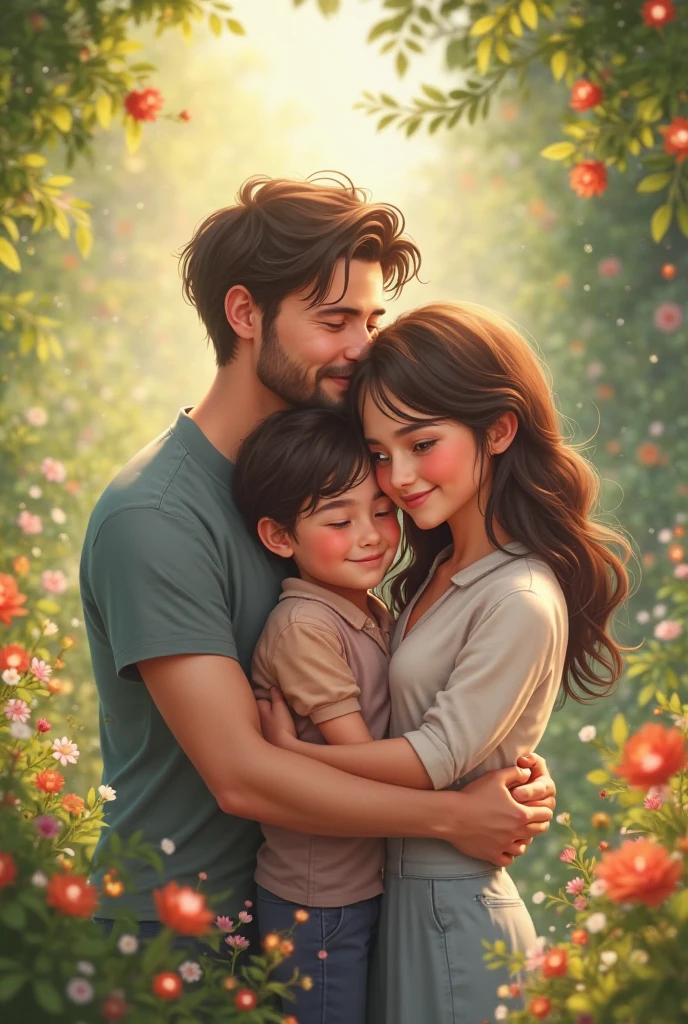 A family of four hugging and smiling in the warm light、Illustrations with a touch like Monet&#39;s