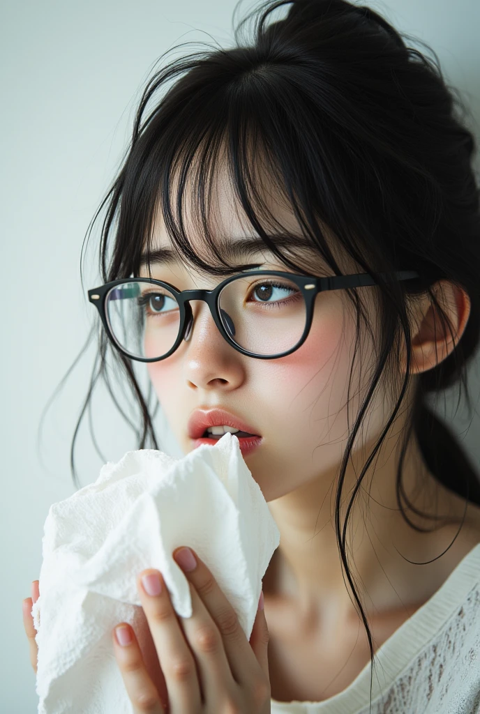 ((Top Quality)), ((傑Top Quality、masterpiece、high sensitivity、high resolution、detailed description、describe a delicate face)),((Slender Woman、wearing glasses)),Sneeze、My eyes are red、Tears come out、A large amount of tissue paper came down、
