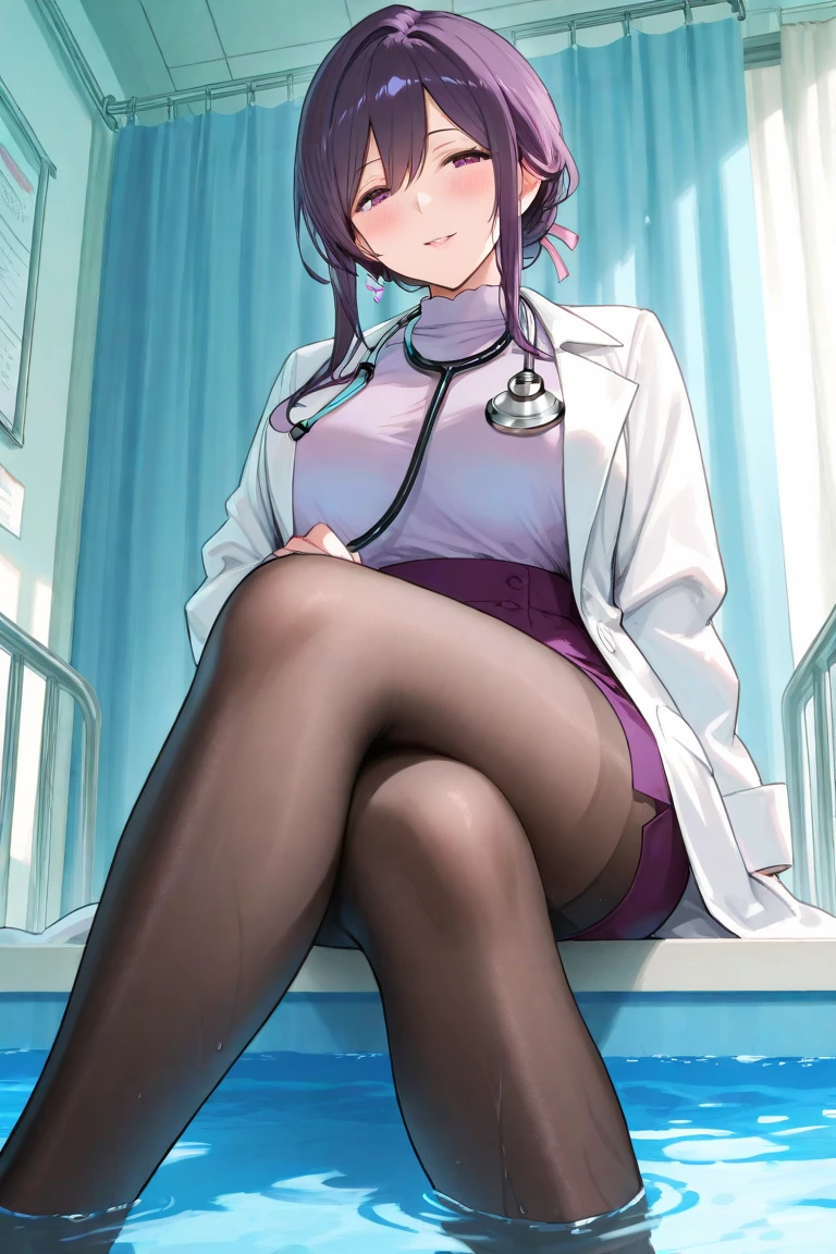 score_9, score_8_above, Maximum resolution 8K, (masterpiece), Very detailed, Professional, large breasts, 1 girl, Alone, solo, BREAK Clorinde, Genshin impact, original hair style, bright purple eyes, \(CLOTHES\), alternate costume, pink nurse clothes, sexy nurse, nurse cap, white gloves, stockings shiny oil, white footwear, short sleeves, black pantyhose, beautiful legs, bewitching thighs, gleaming, skin-tight, shiny skin, chest outline, sharp focus, \(BREAK\), look of contempt, open mouth, squatting, holding a syringe in his hand, looking at viewer, from the side, \(PLACE\), hospital, room, broken hearts
