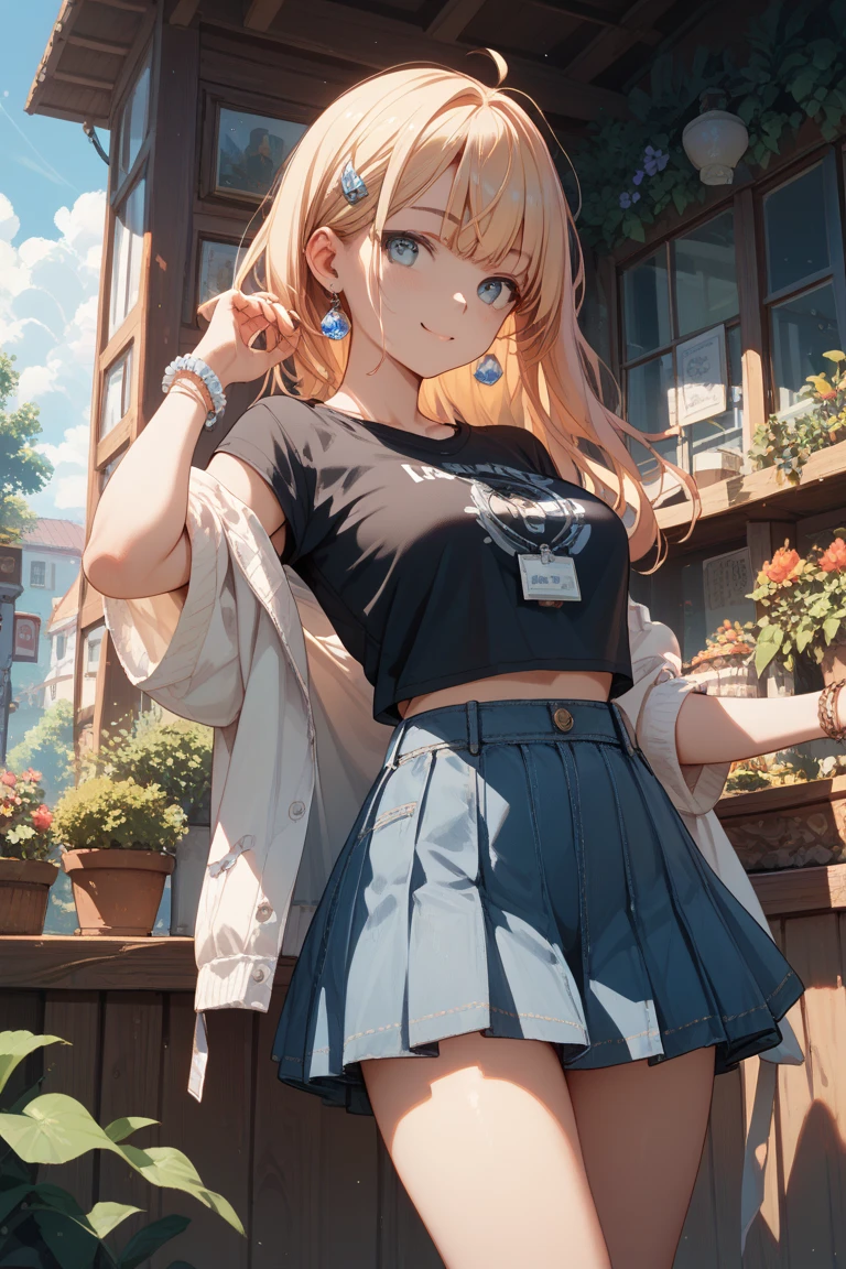 ((((highest quality)))), (((Ultra-precision CG 16K))), (((masterpiece))), (((Very detailed))), (((Extremely detailed))), (((Black outline:1.3, Written boundary depth:1.3 , Written soft outline))), Maximum clarity and sharpness,Multilayer Texture, Surface Shading, Cinematic lighting, Beautiful details sparkle ,Perfect Proportions, Limited to three woman, BREAK accurate, Anatomically correct, Highly detailed face and skin texture, drawn in detail, Highly detailed facial and skin texture, Detailed eyes, beautiful hair, Beautiful Japanese Idol face, Beautiful and beautiful eyes, Beautiful body, Beautiful breasts, Beautiful thighs, Beautiful legs, Beautiful fingers, (Beautiful views) , skinny body, ((Beautiful Skin)), ((Skin Texture)) BREAK breast enlarged, medium Breasts, rocket breasts, (((perky breasts))), ((covered nipples)), slender waist, (smiling , narrow eyes, blush, determined expression, hot, sweaty , Heavy breathing,) BREAK (((wearing oversized character printed tank top, wearing Jersey in a casual way, wearing pleats mini-skirt, breasts is covered by outfit))) , wearing earrings, BREAK ( stick breast out),(((looking at viewer, super detailed background , cumulonimbus of summer sky, high school student standing quietly and put hands in the pocket at vivid green Vast grasslands , ((closeup face)), from front , from below ))),