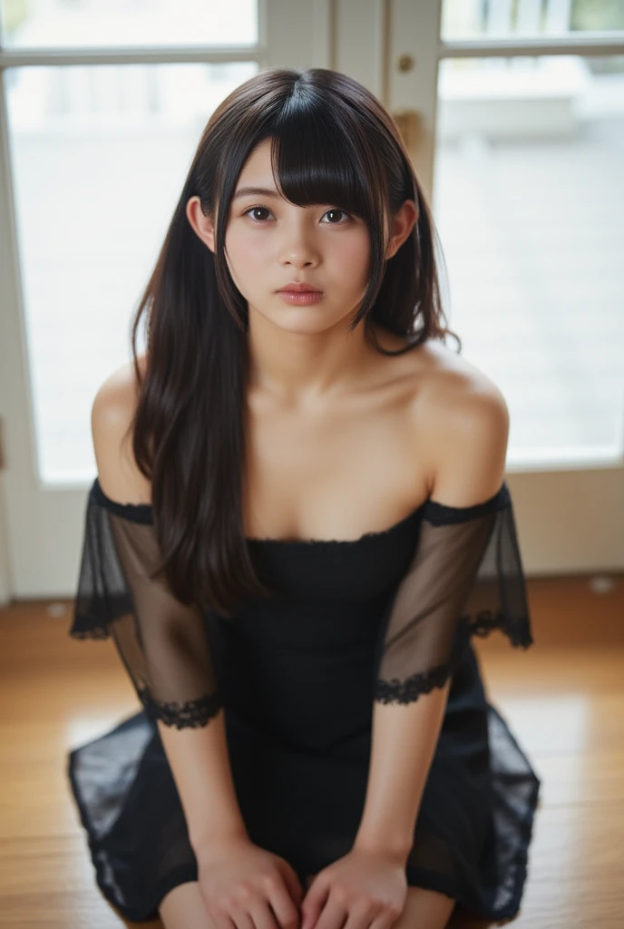 1 Nogizaka Musume、Very cute、a beauty girl、age19、(Gothic Lolita Fashion)、Beautiful face, eyes and skin with exquisite detail、Fine black shiny hair、classy frill tie、Ribbon tie、rose hair accessory、(Smile at the camera)、(cowboy  shot)、(European seas)、profetional lighting、BREAK、(realisitic、Photorealsitic:1.37)、8K、(​masterpiece)、(top-quality:1.4)、(超A high resolution:1.2)、 (Raw photography:1.2)、(Delicate lace、Soft fabric、Beautiful rose pattern dress)、perfect anatomia、4 fingers and 1 thumb、seaside backgroud、(Wallpapers by Unity 8K)