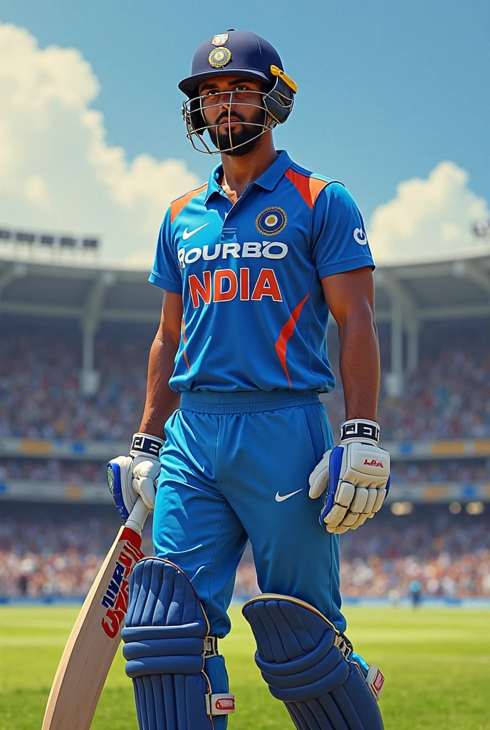 Give me a jersey number,Cricket player with INDIA written on his jersey, From the front, Helmet in one hand,The other hand holds the racket drop shadow, anaglyph, stereogram, tachi-e, ass pov, atmospheric perspective, 8k, super detail, best quality
