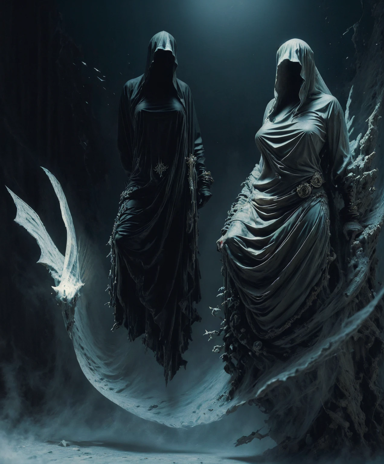create an entity. She wears a green overcoat, a black suit underneath, all with gray stripes. The entity wears a hat, and a pale Japanese mask that represents a woman. Over the mask, wear black sunglasses.