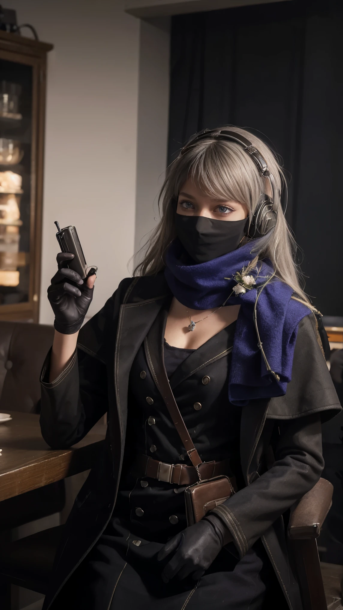 masterpiece, best quality, 1girl, solo, Bkornblume, headphones, solo, blue scarfs, coat, pussy, meeting someone, interrogation, black dress, black gloves, grey hair, holding gun, black coat dress, long sleeves, gloves, blushing, cafe, smile, full body, information, german face, boots, sitting, opened breasts, die stasi spy, cafe background, pantyhose, heels, holsters, buttons, knee, Street, Germany, breasts, blue stocking, bkornblume, using cellphone telephone, pubs, stasi, indoor, giving information intelligence, confidential document papers, (((face close-up)), (neck mask)