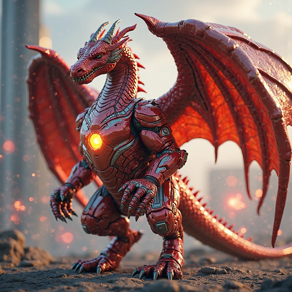 An anthropomorphic cybertronian dragon with red armor with gold accents
