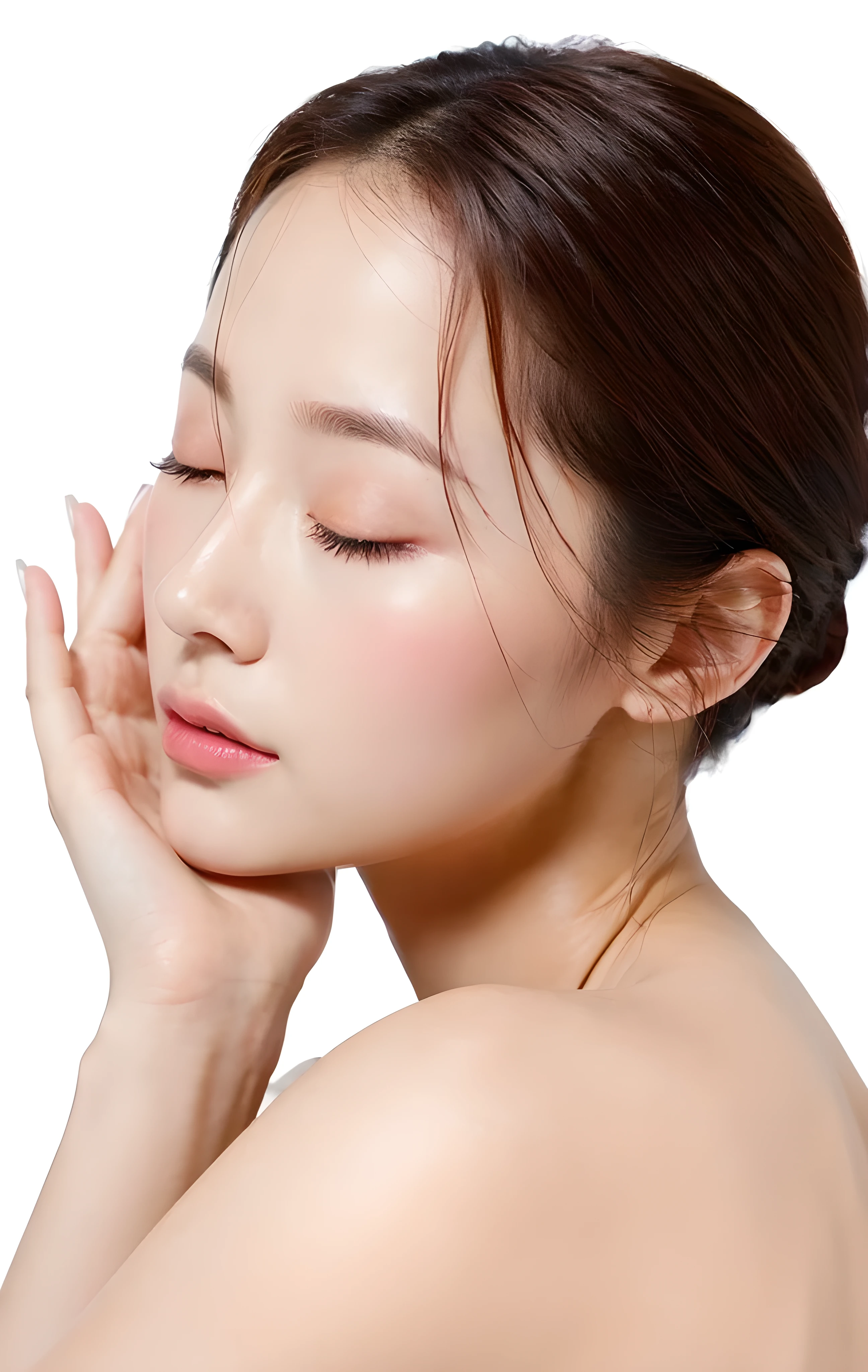(((masterpiece))), (((best quality: 1.4))), ((super detailed: 1.4)),  

An arafed woman with closed eyes and a white background, smooth glowing skin, clean face and body skin, shiny glossy skin, glowing skin face, dewy skin, korean woman, shiny soft skin, transparent vibrant glowing skin, glowing porcelain skin, woman with porcelain skin, korean face features, diffused natural skin glow, smooth porcelain skin, smooth healthy skin,    

Masterpiece, ultra detailed, realistic, photo realistic, high detail RAW color photo, professional photograph, extremely detailed, finely detail, lens flare, Dynamic lighting, 8k, RAW Photo, Best High Quality, Masterpiece: 1.2, Ultra HD: 1, High Detail RAW Color Photo, Pro Photo, realistic, Photo realistic: 1.5, Live Photo, Super detailed, Masterpiece, Real Skin, realistic Skin, realistic HD Eyes, Highly detailed Eyes, Perfect Eyes, Perfect face, Perfect fingers, extremely detailed face, extremely detailed eyes, extremely detailed skin, perfect anatomy, (non-muscle type:1).