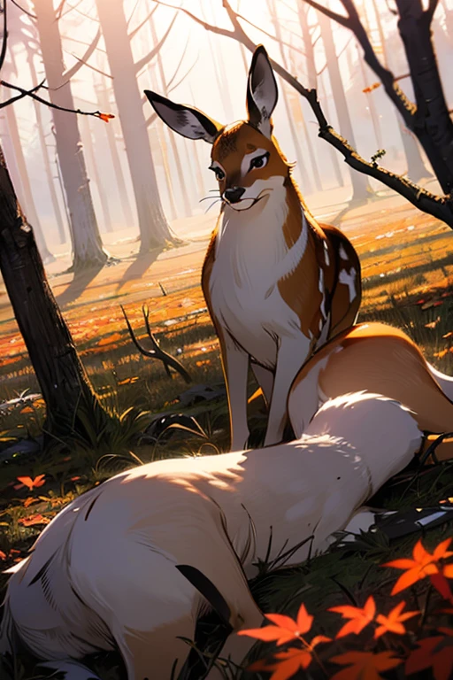 masterpiece, Best quality, antro, Furry, deer, Doe, long eyelashes, plump, big breasts, big butt, Red hair, bob hair, cinematic lighting, Scattered light, a high resolution, high detail, ultra realistic,we are sitting, sobbing, sad expression, tearing вверх, on a grassy field, outdoors at night, throw, human viewer, above, Bird's-eye, throw viewer is holding her hand, hold the hand