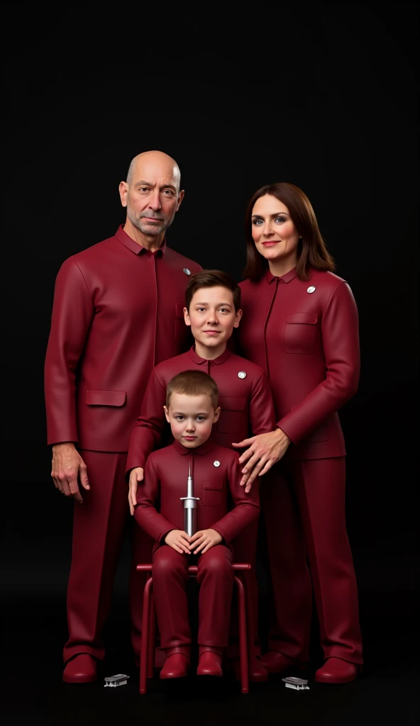 A Martian man with red hair, a Venusian woman with gold hair, an Earth boy with black hair, and a girl with gold hair. Four of them took family photos