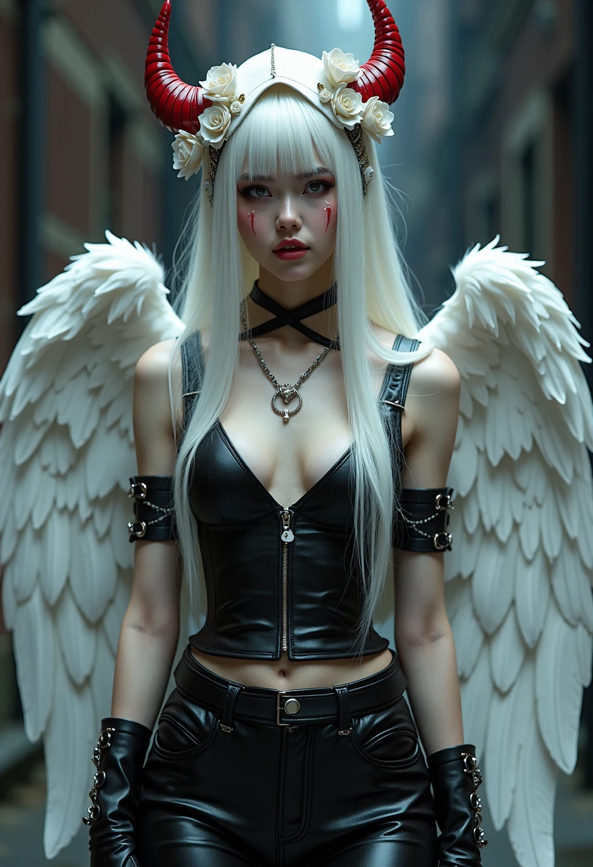 1fullbodyimage of a extremely cute Japanese young woman with albino skin and flowing hair, wide hips, well rounded legs, in a black and silver miniskirt outfit with black wings wielding a katana, Beautiful round breasts, Glossy lips, Perfect abs, (Perspectiveal), Tight waist, Inner seam, hourglass body shape, navel, Blush, Voluptuous, huge breasts, tight top, beautiful dark angel girl, warrior angel, villainess has black angel wings, angel knight gothic girl, angel in glossy metallic black and silver armor, crown in armour, stuning fantasy 3 d render, angel knight girl, cinematic volumetric lighting, ultra realistic, shot with Sony Fx6, (Glossy albino skin: 0.8), (Masterpiece: 1.4), (Best quality: 1.4), Natural(Big:1.25), Glossy lips, Perfect abs, (Perspectiveal), Tight waist, Inner seam, hourglass body shape, navel, Blush, Voluptuous, huge breasts, tight top, cinematic volumetric lighting
